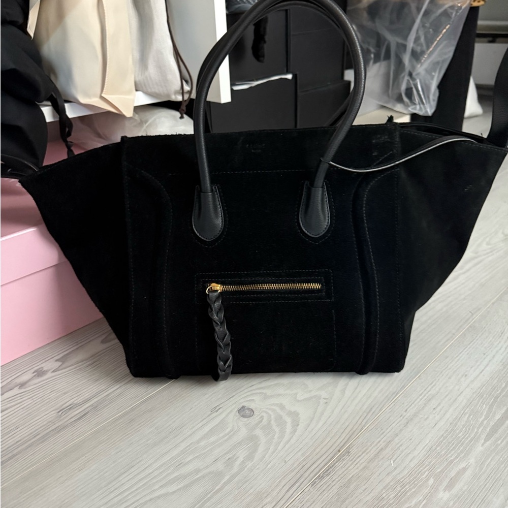 PHANTOM STYLE Black Suede Tote Bag with Gold Zipper